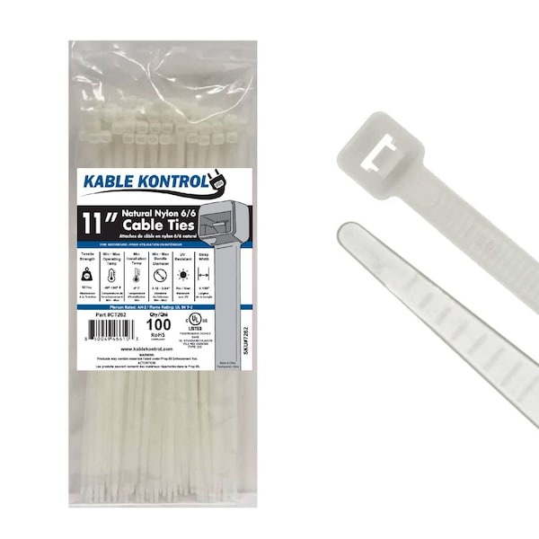 Kable Kontrol Cable Tie, 11 in L, 3-3/16 in Max Bundle Dia., Natural, Nylon 6/6, 50 lb Strength, 100 PK CT262 - main